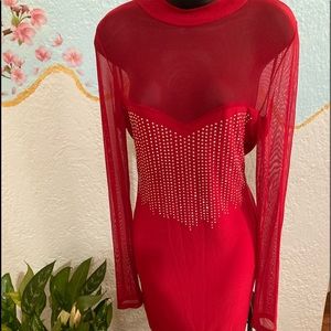 Sexy red mesh dress with rhinestones
